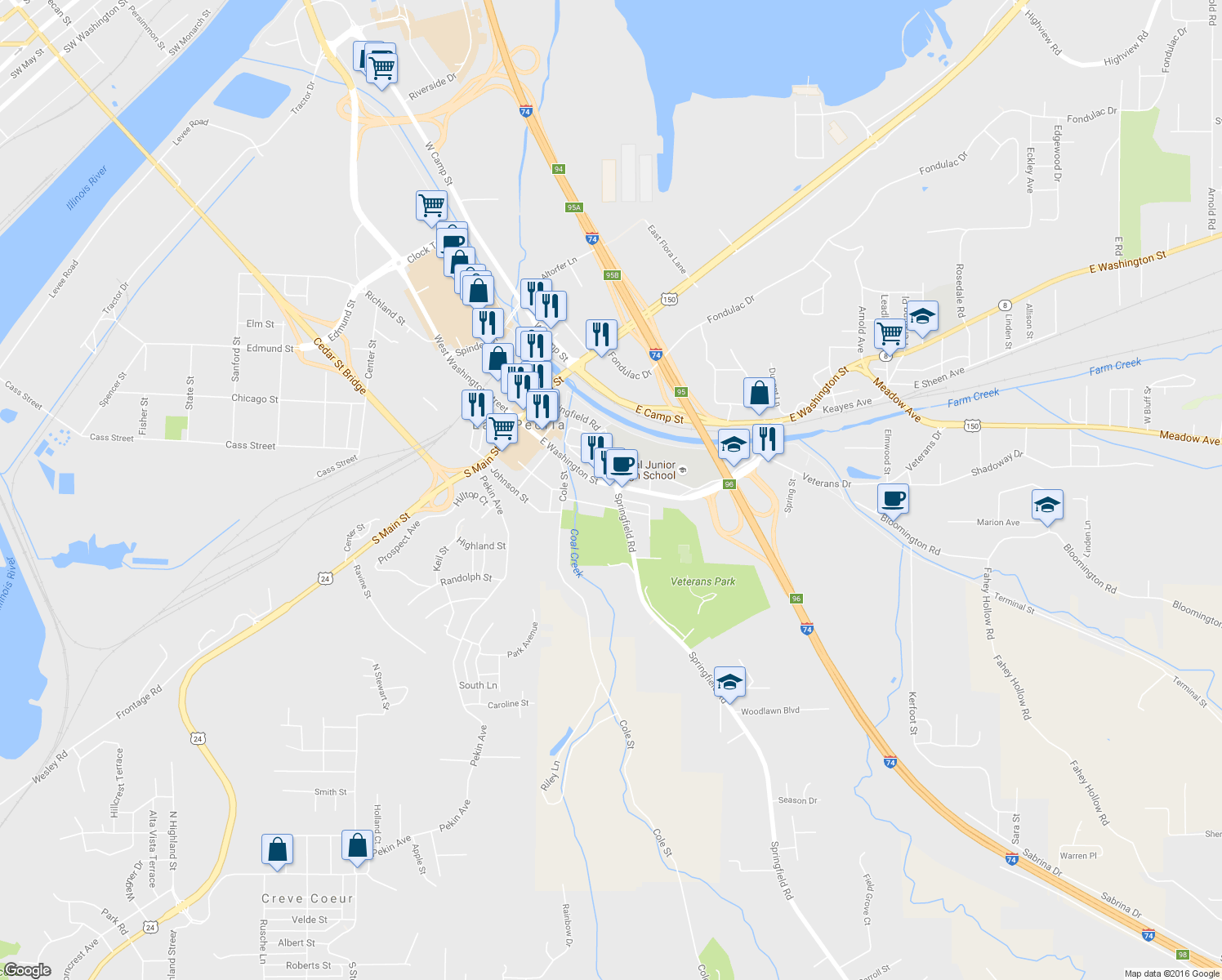map of restaurants, bars, coffee shops, grocery stores, and more near 300 East Washington Street in East Peoria