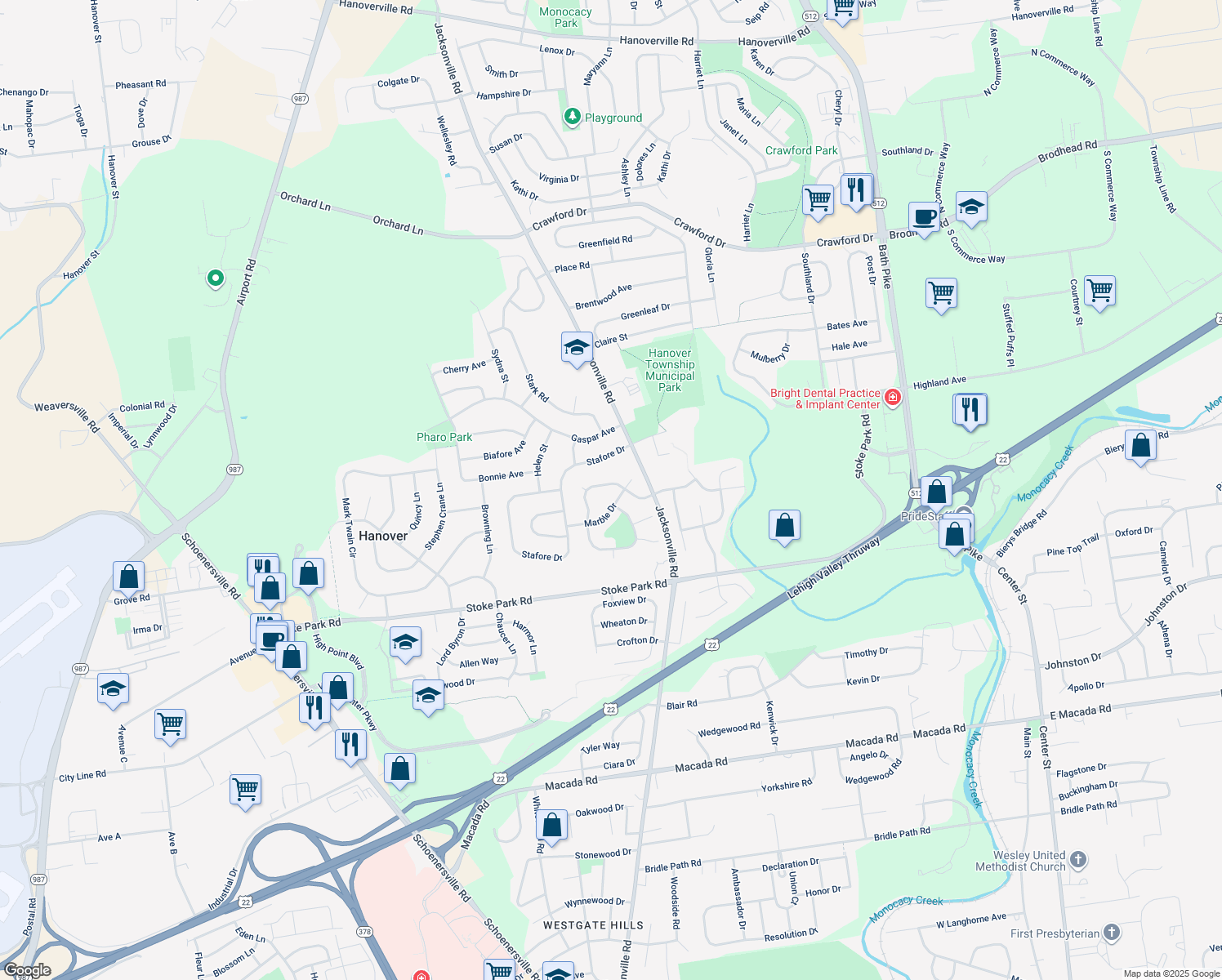 map of restaurants, bars, coffee shops, grocery stores, and more near 1175 Granite Dr in Bethlehem