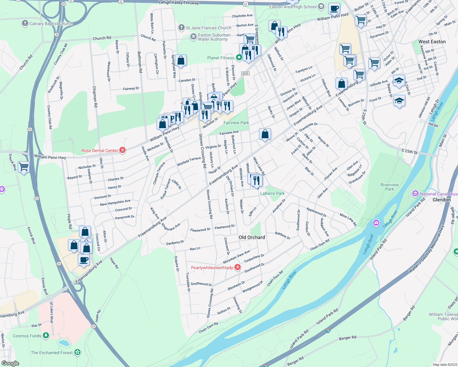 map of restaurants, bars, coffee shops, grocery stores, and more near 2 Kendon Dr in Easton