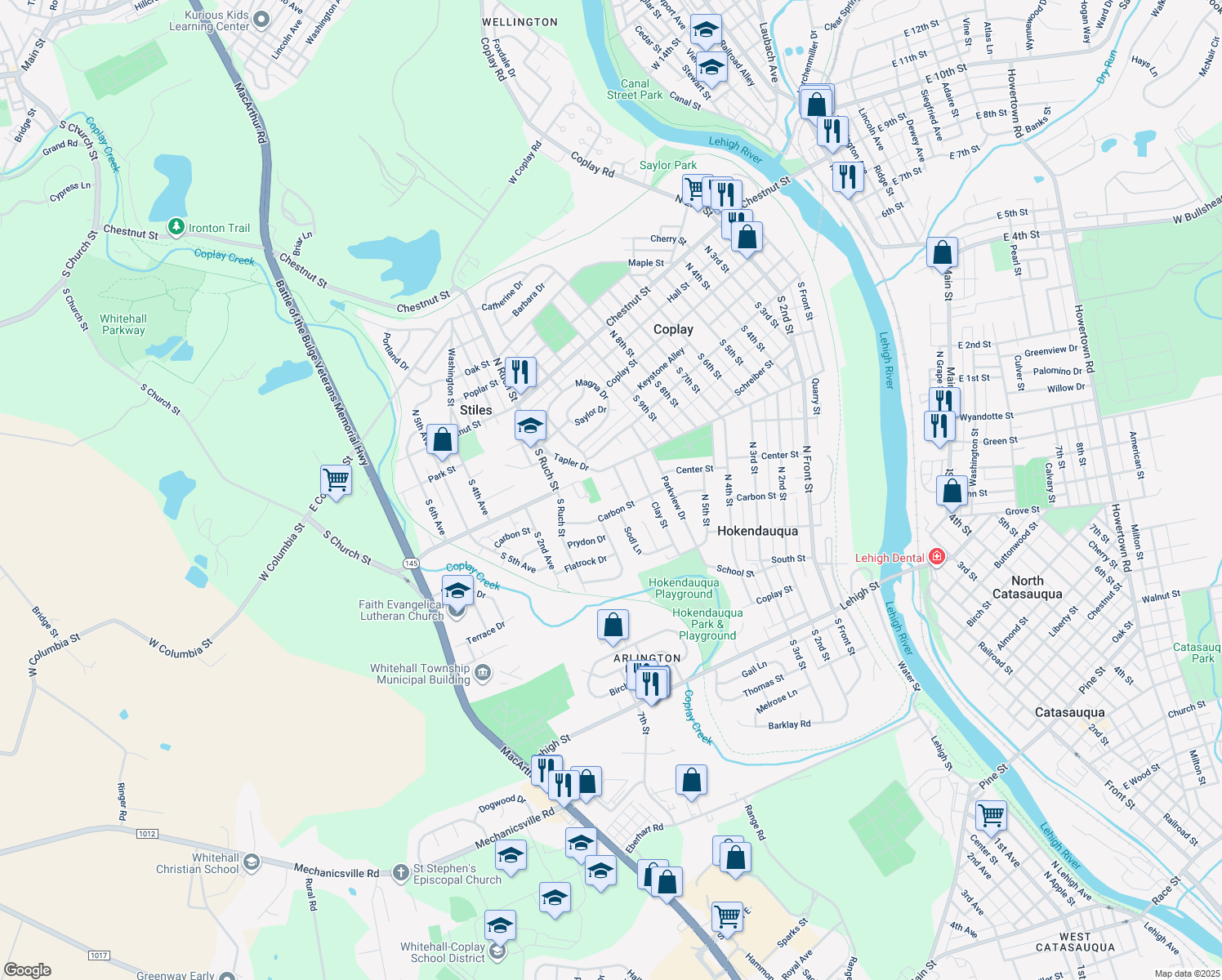 map of restaurants, bars, coffee shops, grocery stores, and more near 3224 Grandview Circle in Hokendauqua