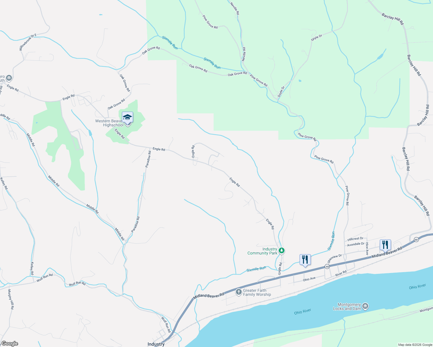map of restaurants, bars, coffee shops, grocery stores, and more near 117 Engle Road in Industry
