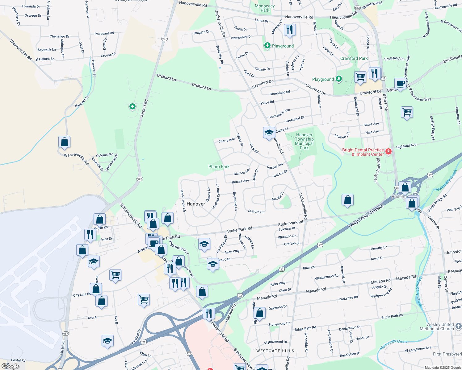 map of restaurants, bars, coffee shops, grocery stores, and more near 1361 Bonnie Avenue in Bethlehem