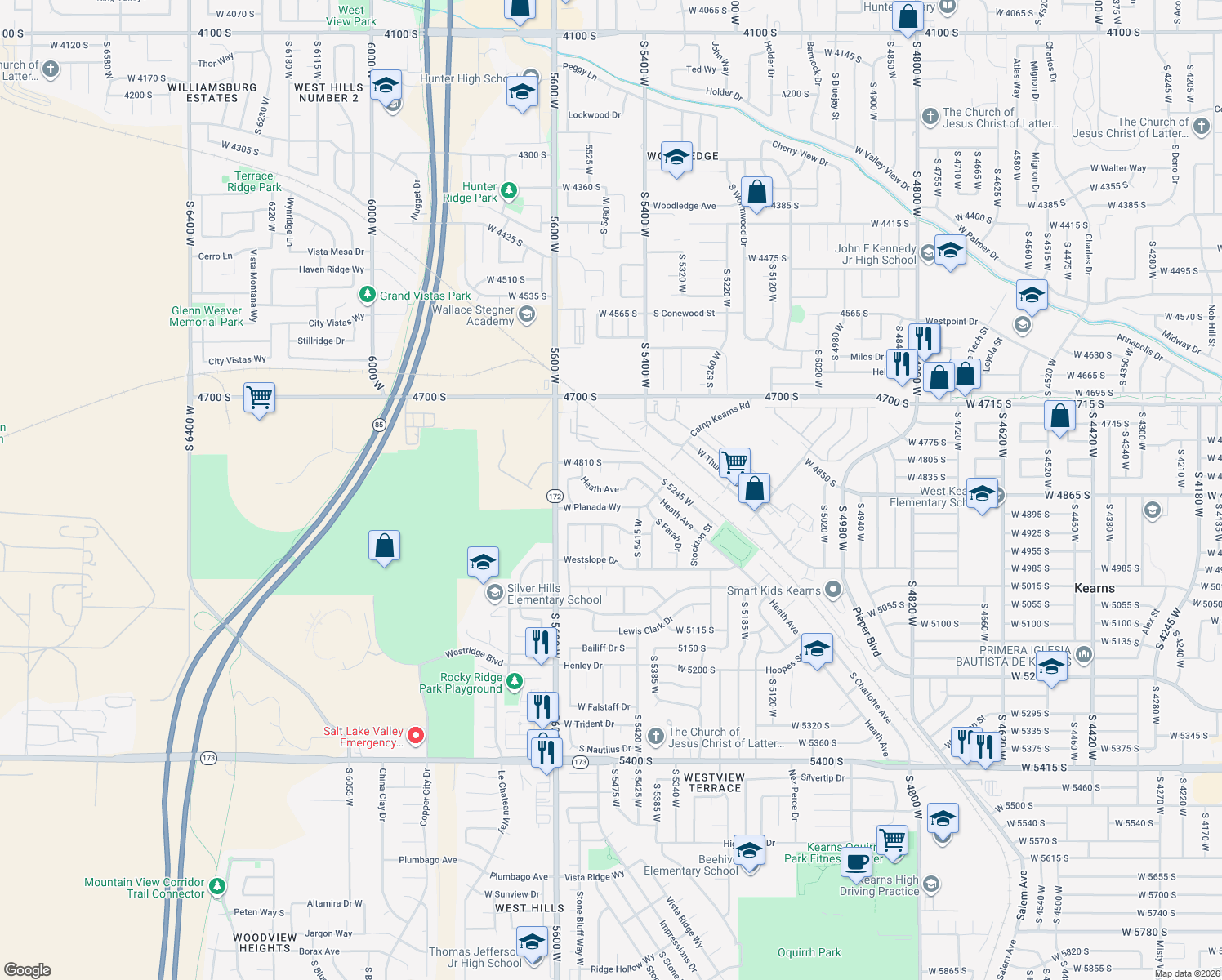 map of restaurants, bars, coffee shops, grocery stores, and more near 5481 West Heath Circle in Kearns
