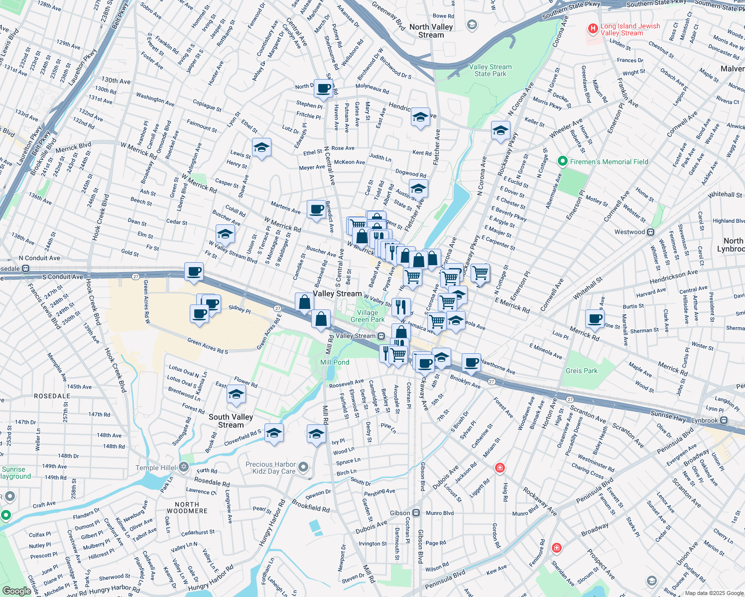 map of restaurants, bars, coffee shops, grocery stores, and more near 135 West Valley Stream Boulevard in Valley Stream