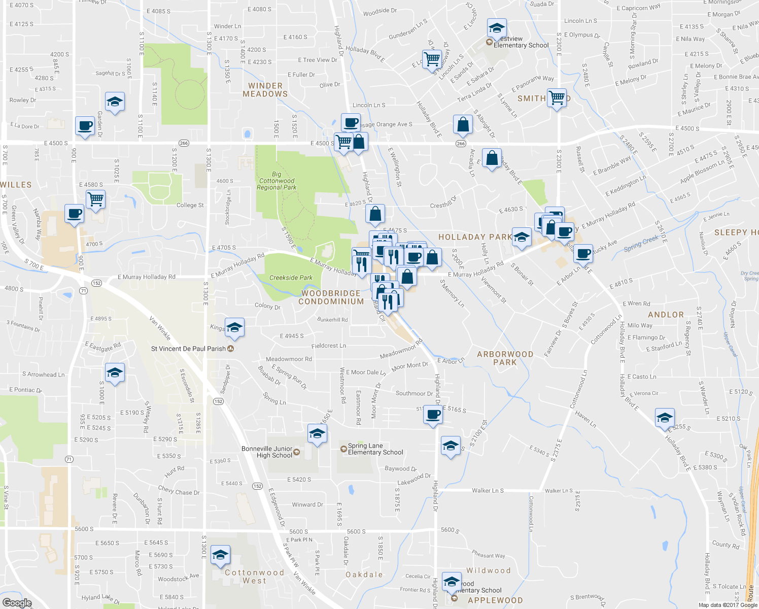 map of restaurants, bars, coffee shops, grocery stores, and more near 4836 South Highland Drive in Holladay