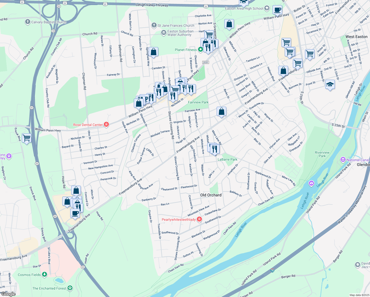 map of restaurants, bars, coffee shops, grocery stores, and more near 3816 Freemansburg Avenue in Easton
