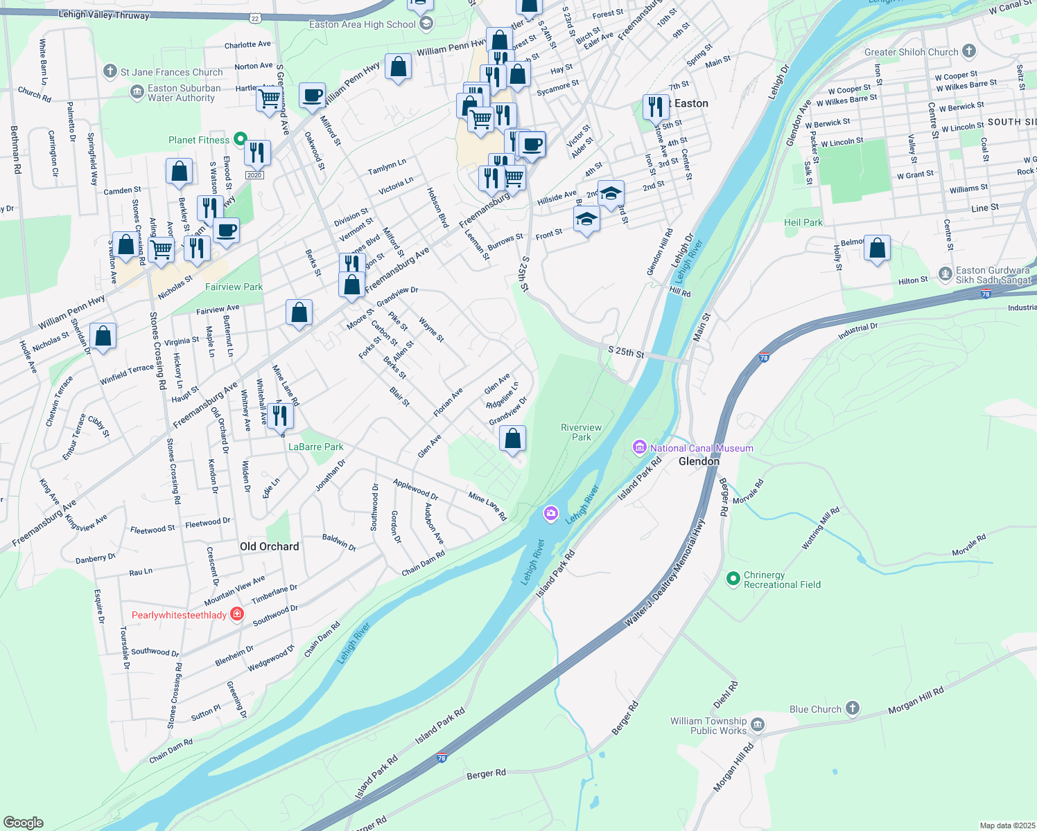 map of restaurants, bars, coffee shops, grocery stores, and more near 148 Grandview Dr in Easton