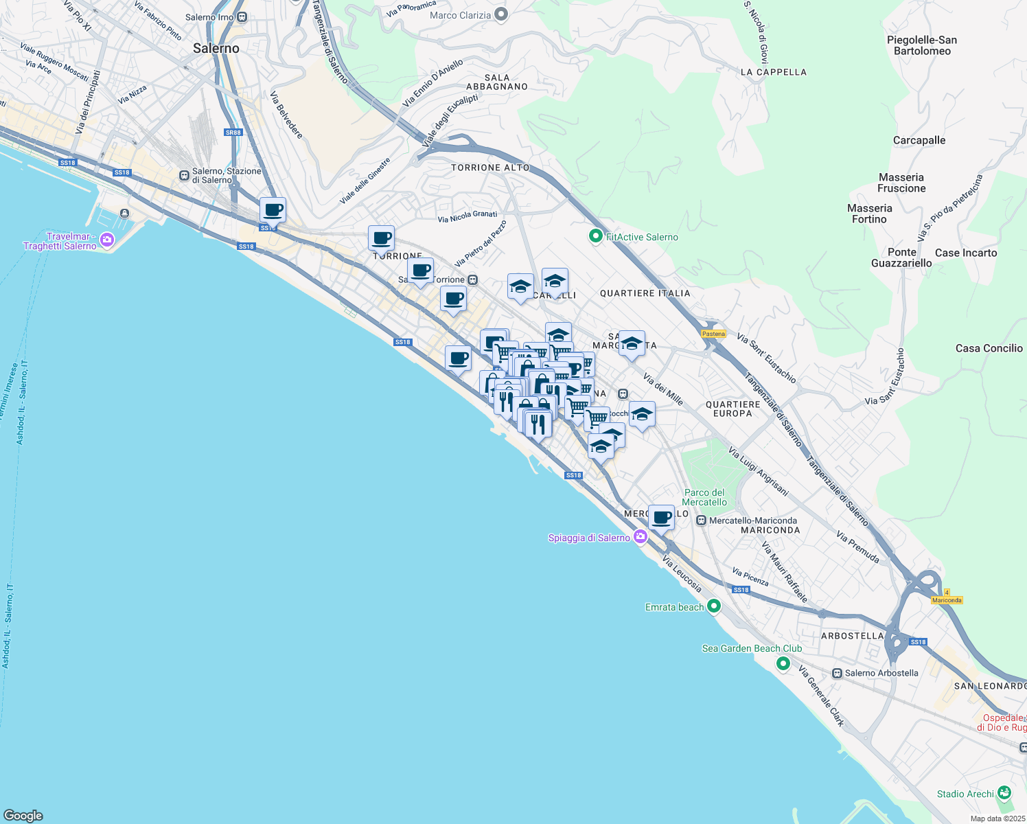 map of restaurants, bars, coffee shops, grocery stores, and more near 17 Via Madonna di Fatima in Salerno