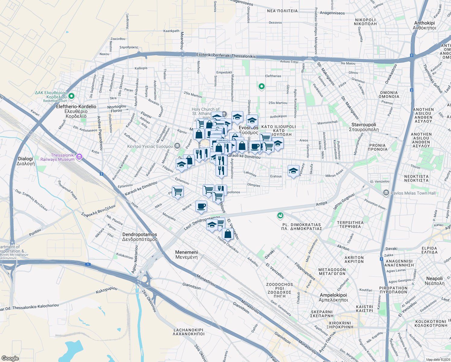 map of restaurants, bars, coffee shops, grocery stores, and more near in Evosmos