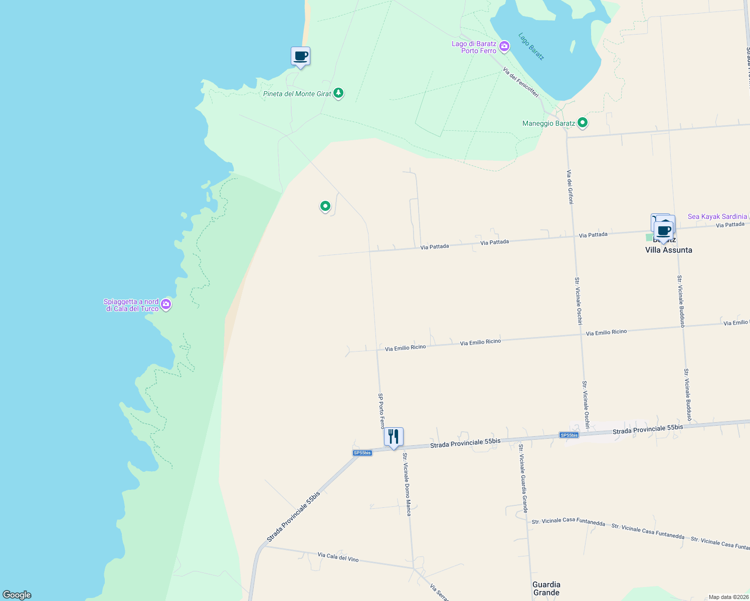 map of restaurants, bars, coffee shops, grocery stores, and more near in Province of Sassari