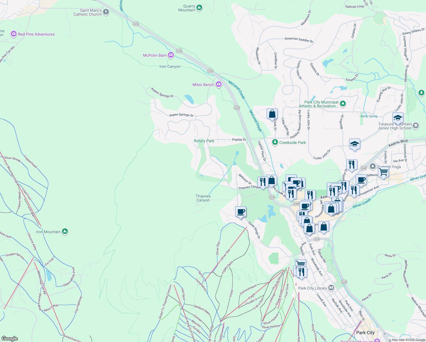 map of restaurants, bars, coffee shops, grocery stores, and more near 10 Claim Jumper Court in Park City