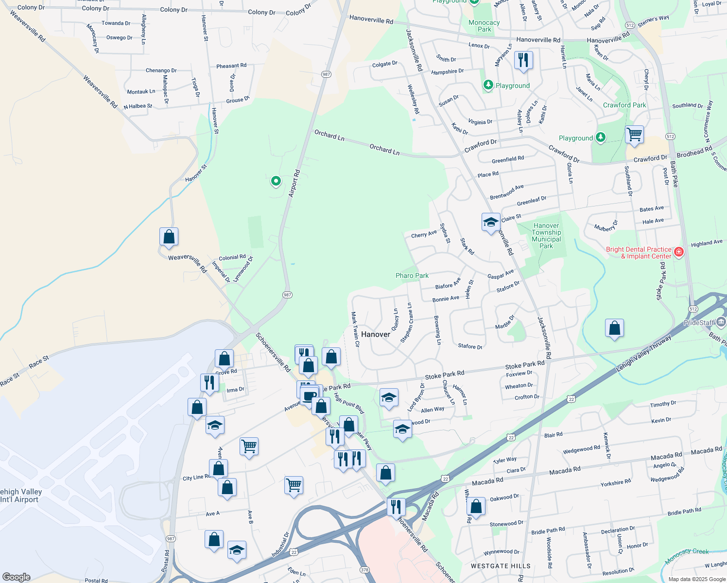 map of restaurants, bars, coffee shops, grocery stores, and more near 2040 Mark Twain Cir in Bethlehem