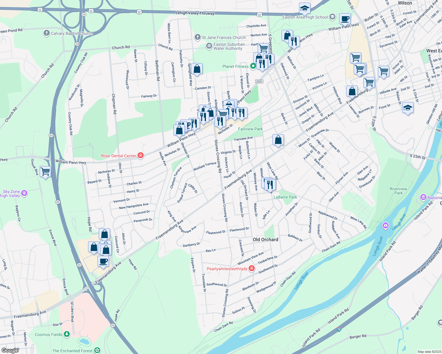 map of restaurants, bars, coffee shops, grocery stores, and more near 825 Stones Crossing Road in Easton