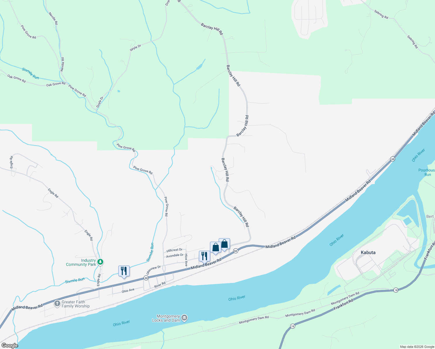 map of restaurants, bars, coffee shops, grocery stores, and more near 1922A Barclay Hill Road in Beaver
