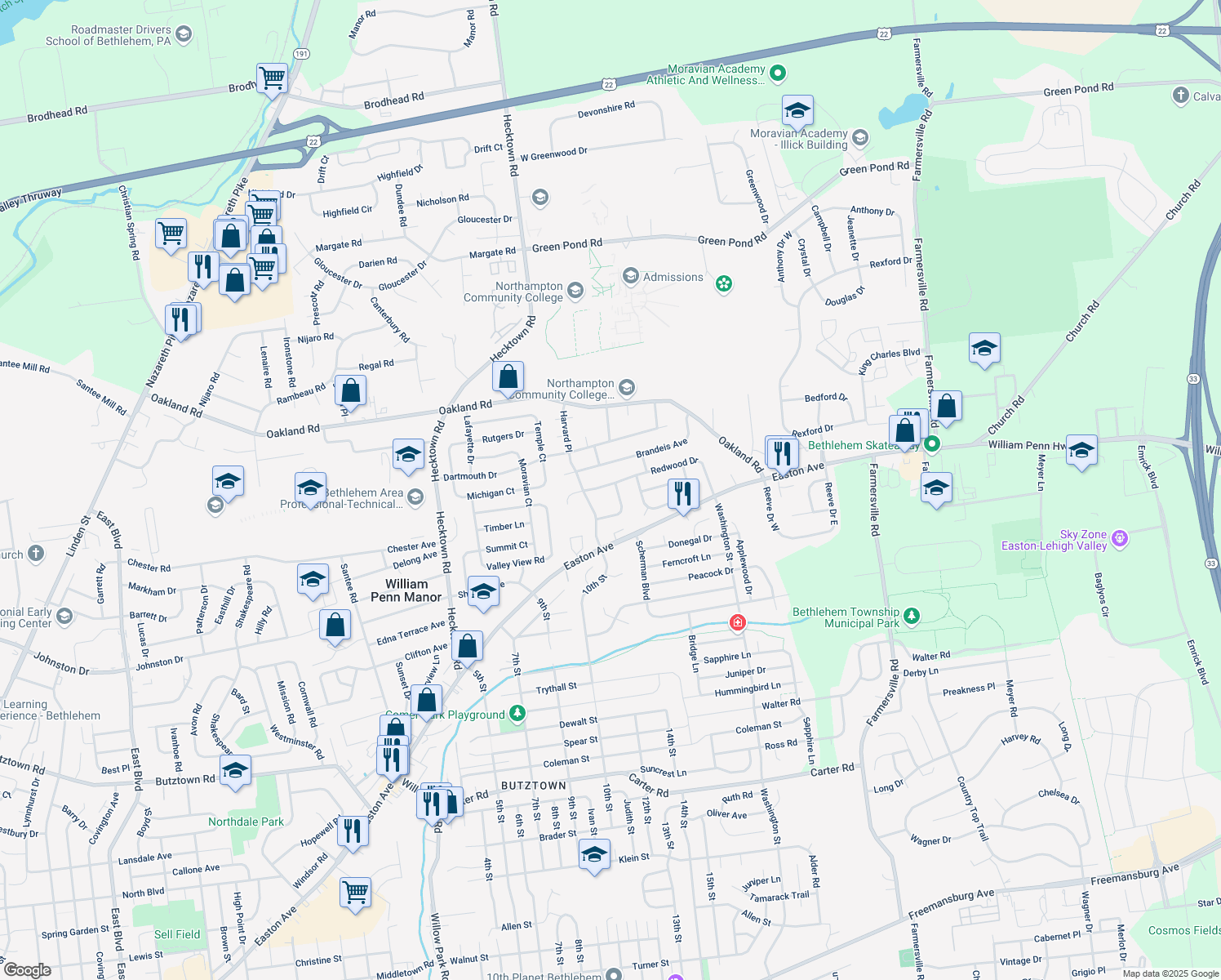 map of restaurants, bars, coffee shops, grocery stores, and more near 3895 Cypress Lane in Bethlehem