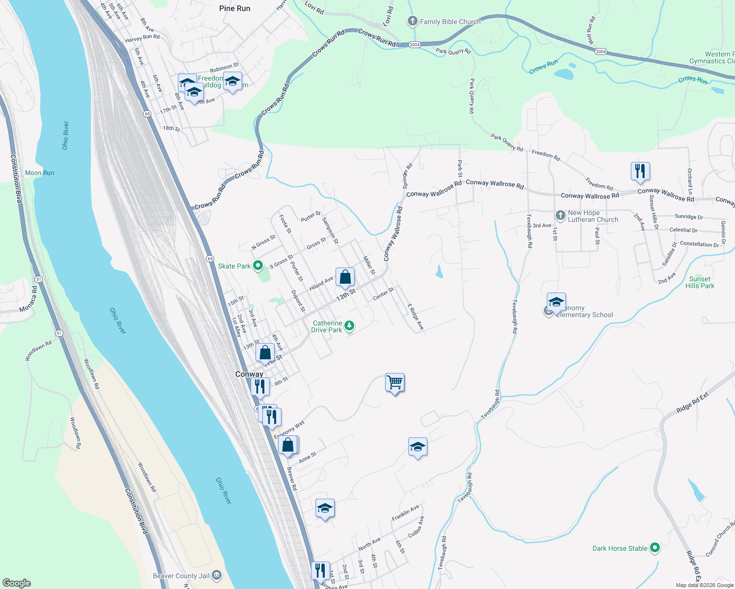 map of restaurants, bars, coffee shops, grocery stores, and more near 1109 Sampson Street in Conway