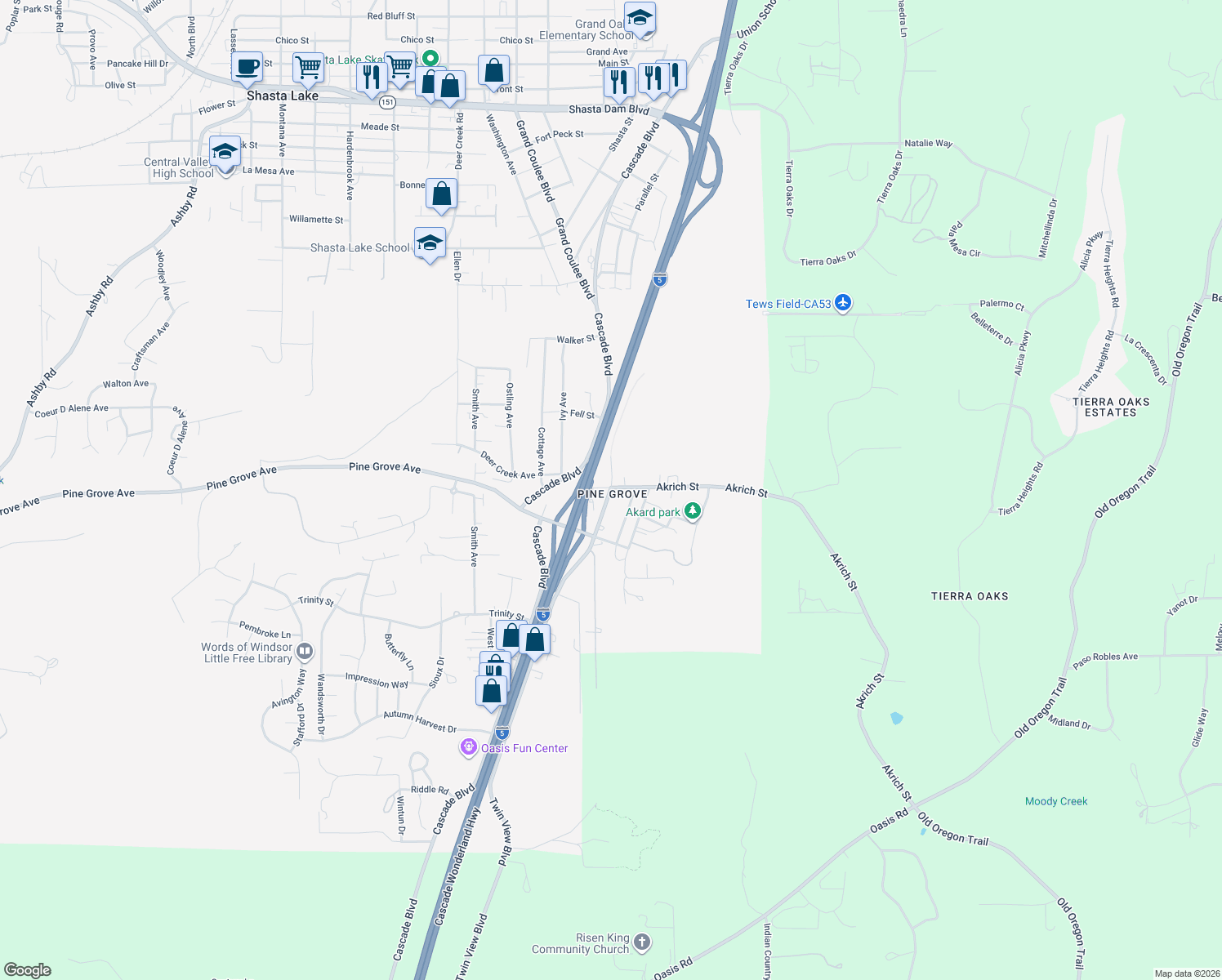 map of restaurants, bars, coffee shops, grocery stores, and more near Virginia Ave in Shasta Lake