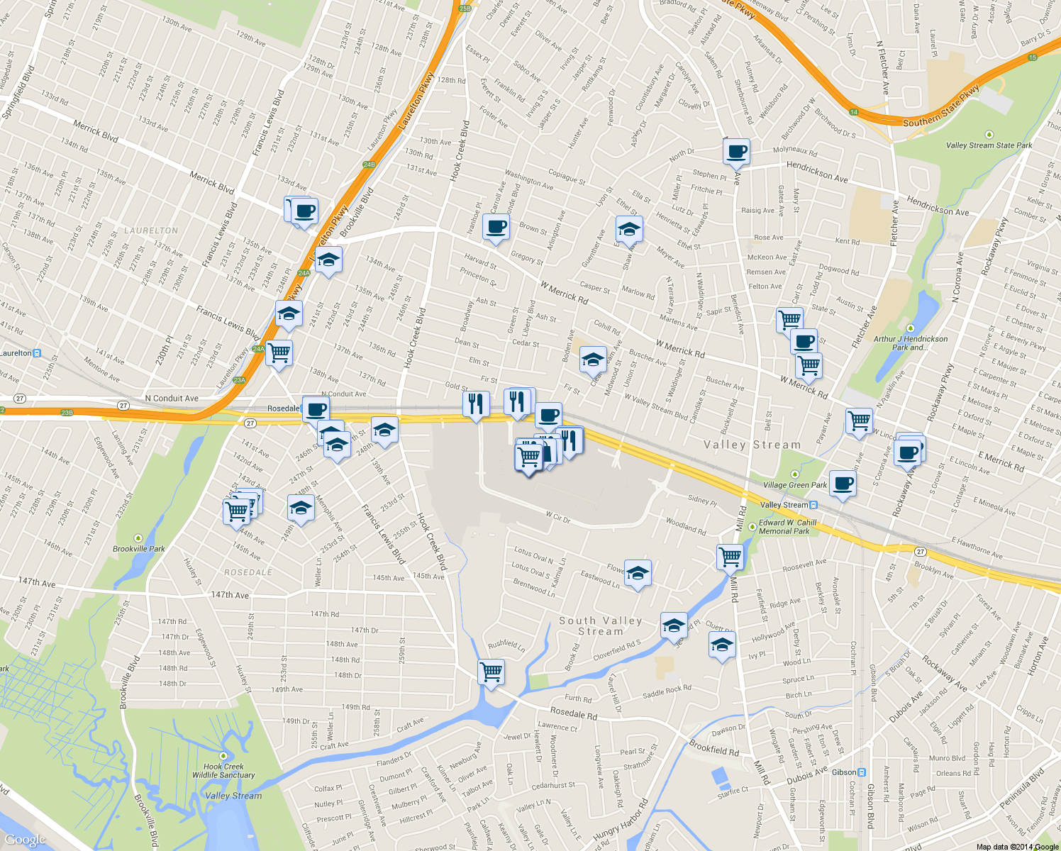 map of restaurants, bars, coffee shops, grocery stores, and more near 600 West Sunrise Highway in Valley Stream
