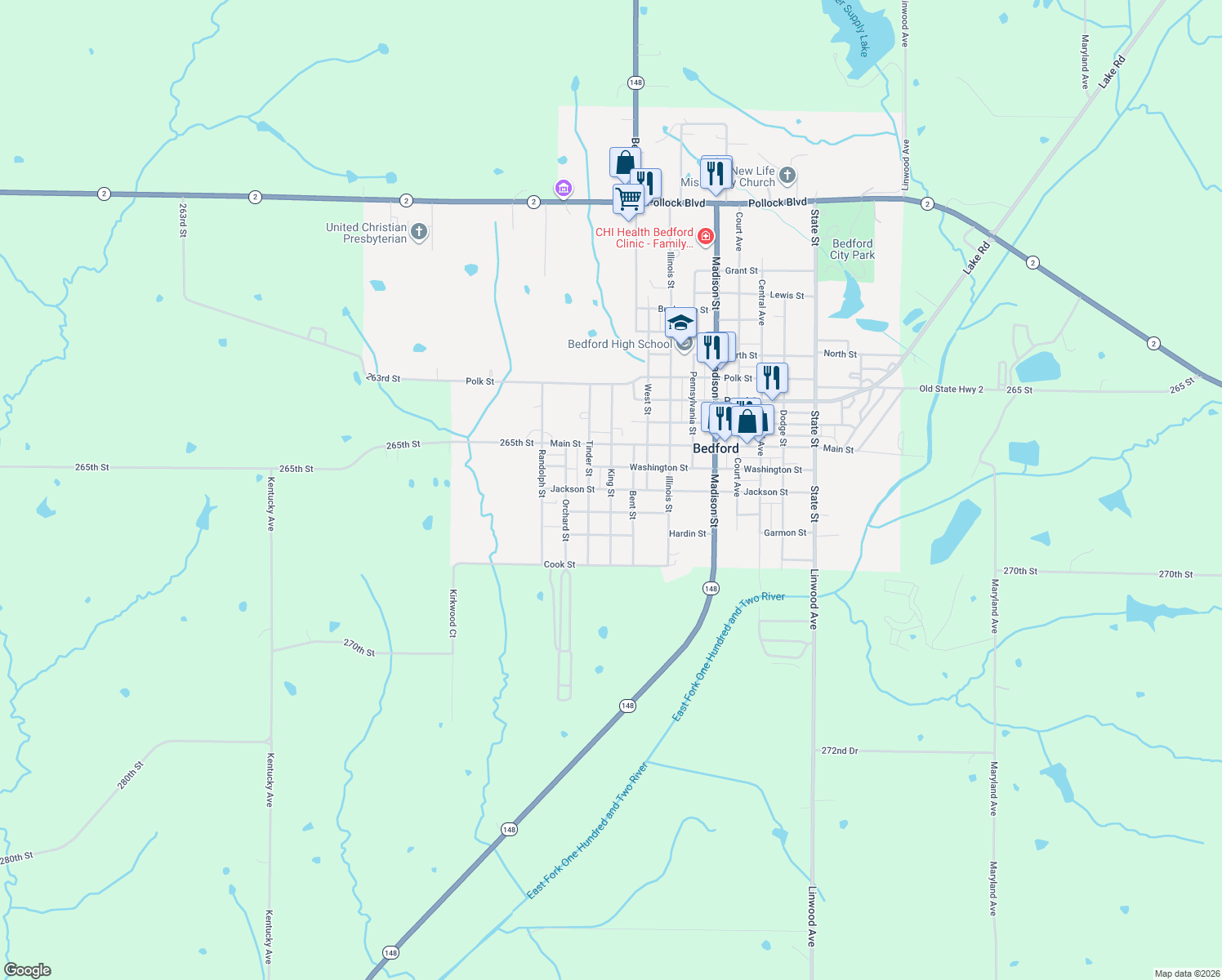 map of restaurants, bars, coffee shops, grocery stores, and more near 399 King St in Bedford