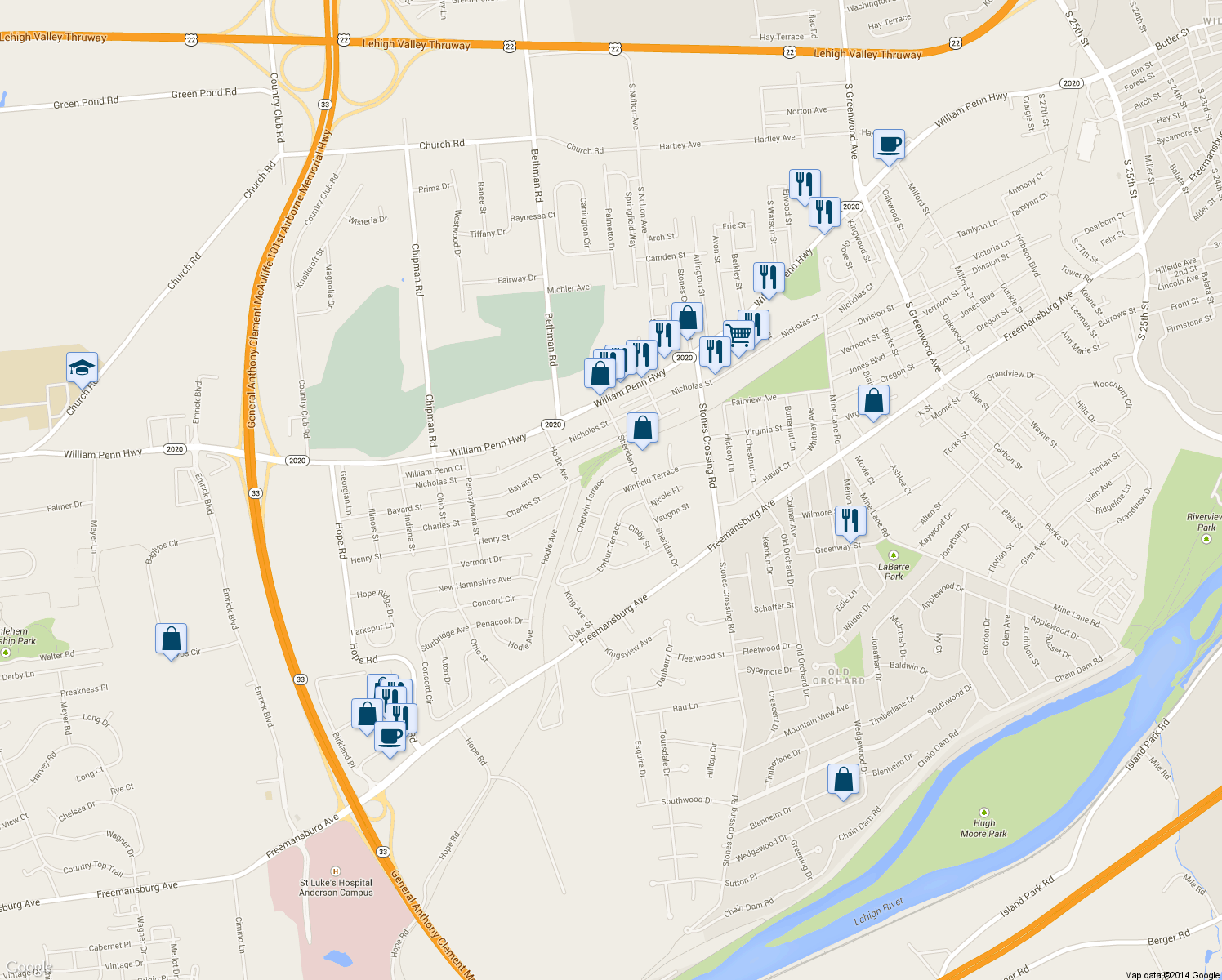 map of restaurants, bars, coffee shops, grocery stores, and more near 4309 Winfield Terrace in Easton