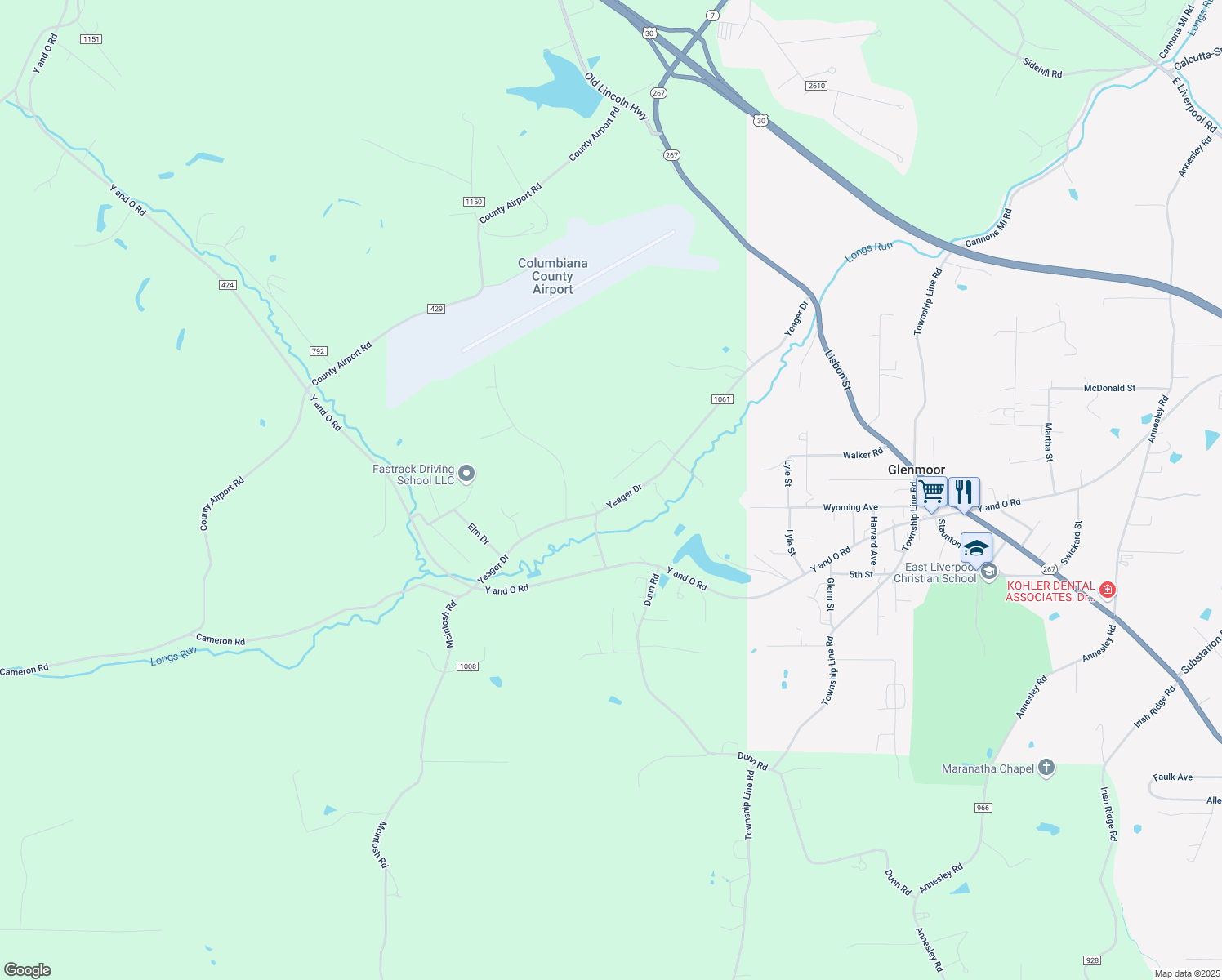 map of restaurants, bars, coffee shops, grocery stores, and more near 45644 Yeager Road in East Liverpool