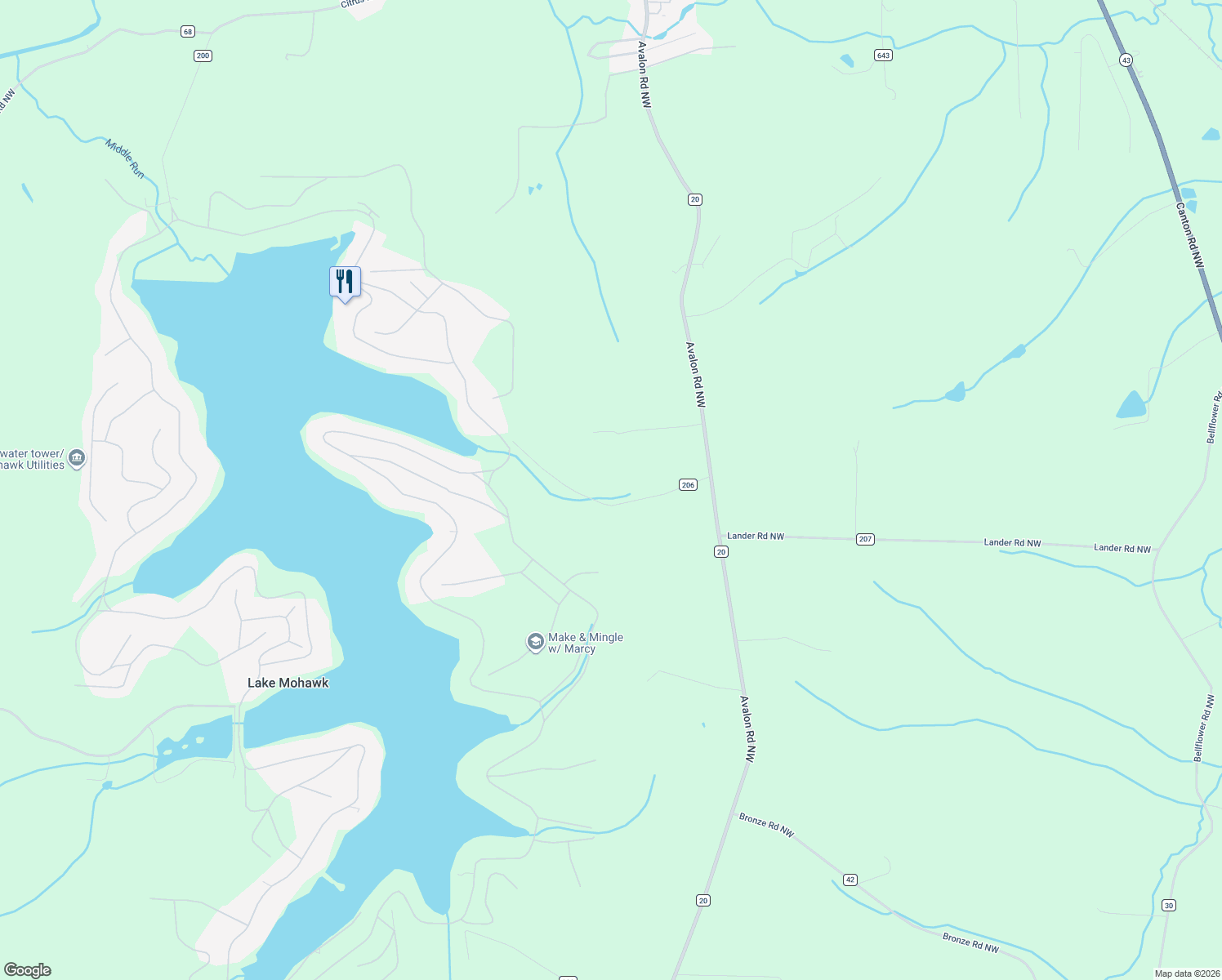 map of restaurants, bars, coffee shops, grocery stores, and more near 4133 Lace Road Northwest in Malvern