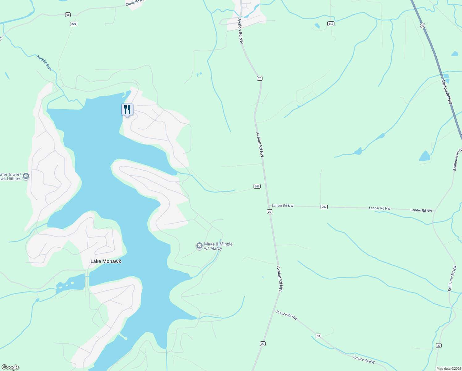 map of restaurants, bars, coffee shops, grocery stores, and more near 4133 Lace Road Northwest in Malvern