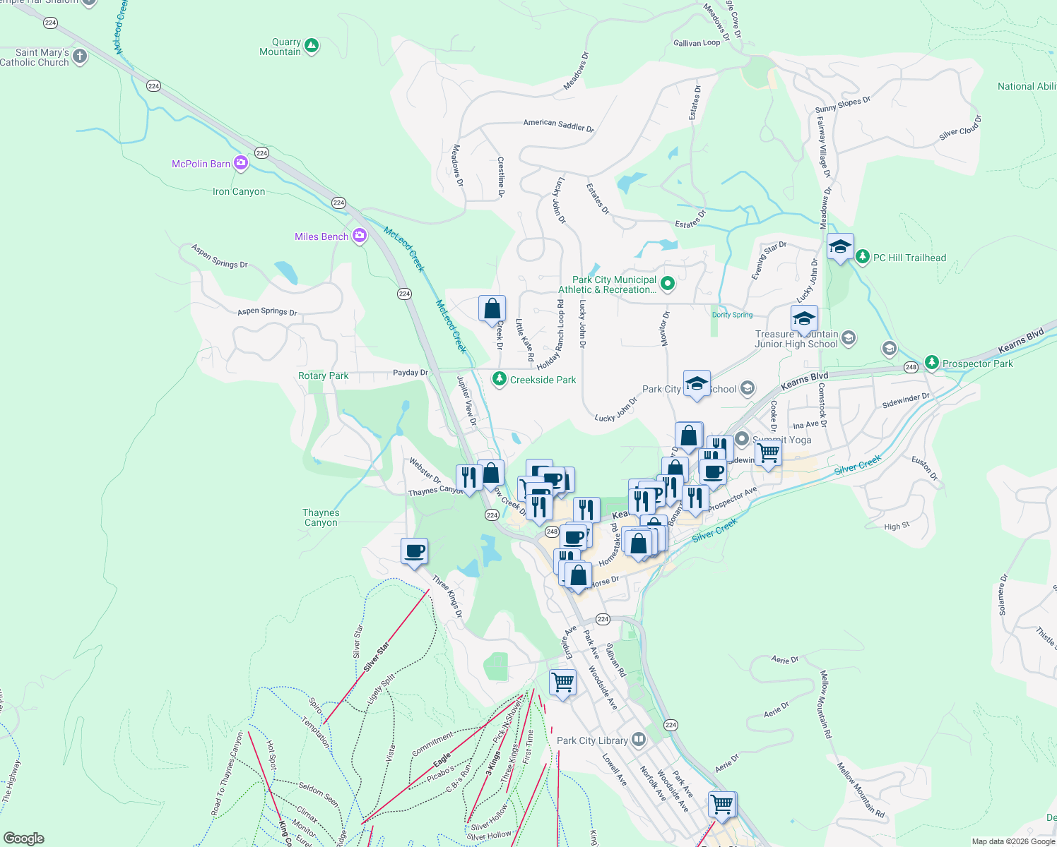 map of restaurants, bars, coffee shops, grocery stores, and more near 935 Saddle View Way in Park City