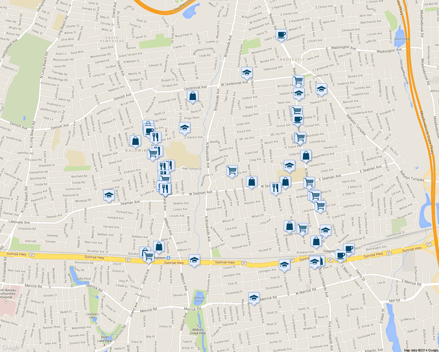 map of restaurants, bars, coffee shops, grocery stores, and more near 154 California Avenue in Freeport