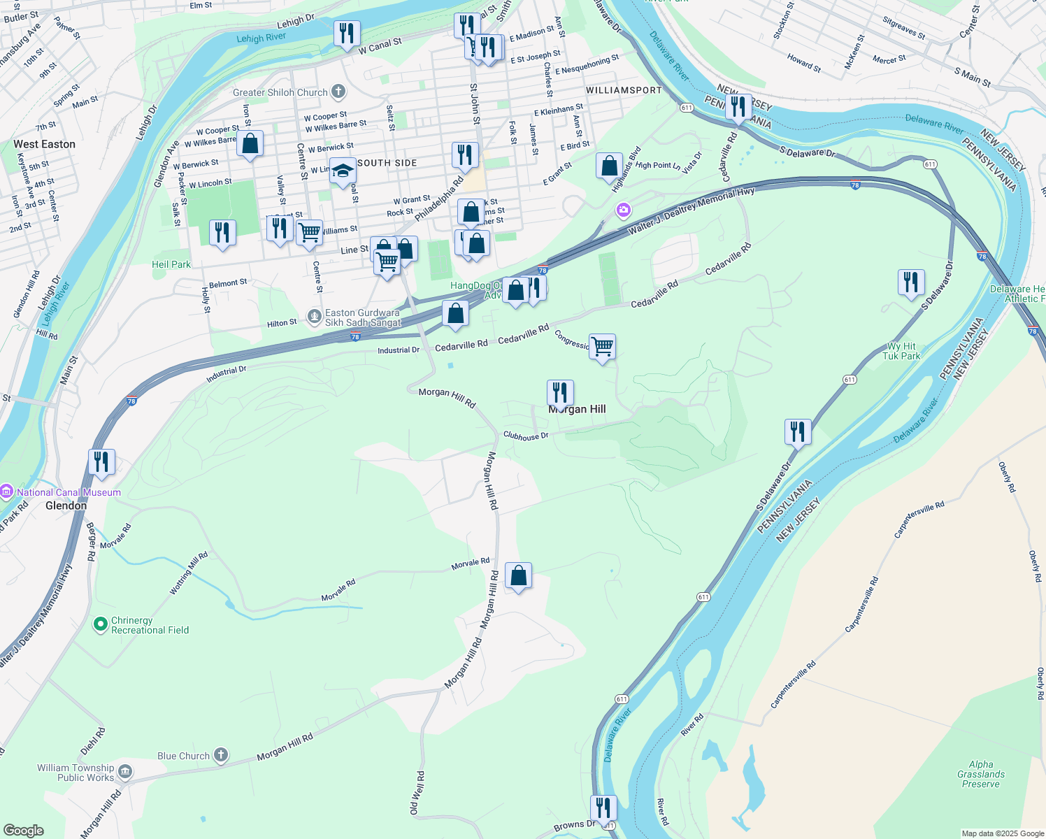 map of restaurants, bars, coffee shops, grocery stores, and more near 827 Eden Terrace in Easton