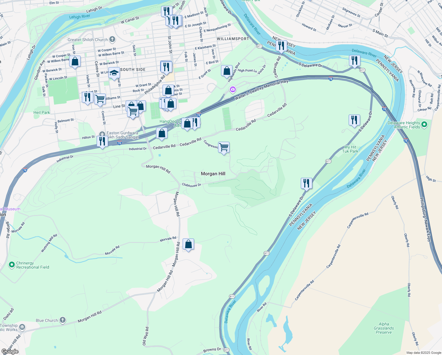 map of restaurants, bars, coffee shops, grocery stores, and more near 148 Pinehurst Ln in Easton