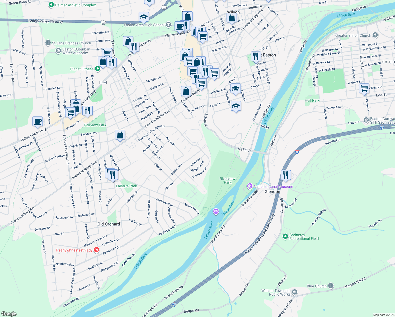 map of restaurants, bars, coffee shops, grocery stores, and more near 3117 Glen Avenue in Easton