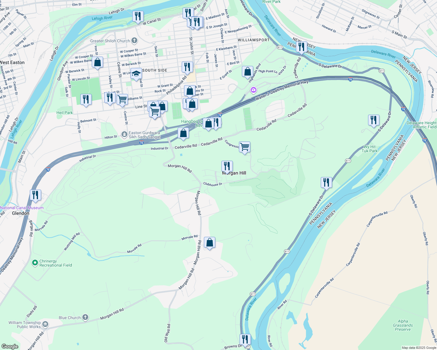 map of restaurants, bars, coffee shops, grocery stores, and more near 719 Eden Terrace in Easton
