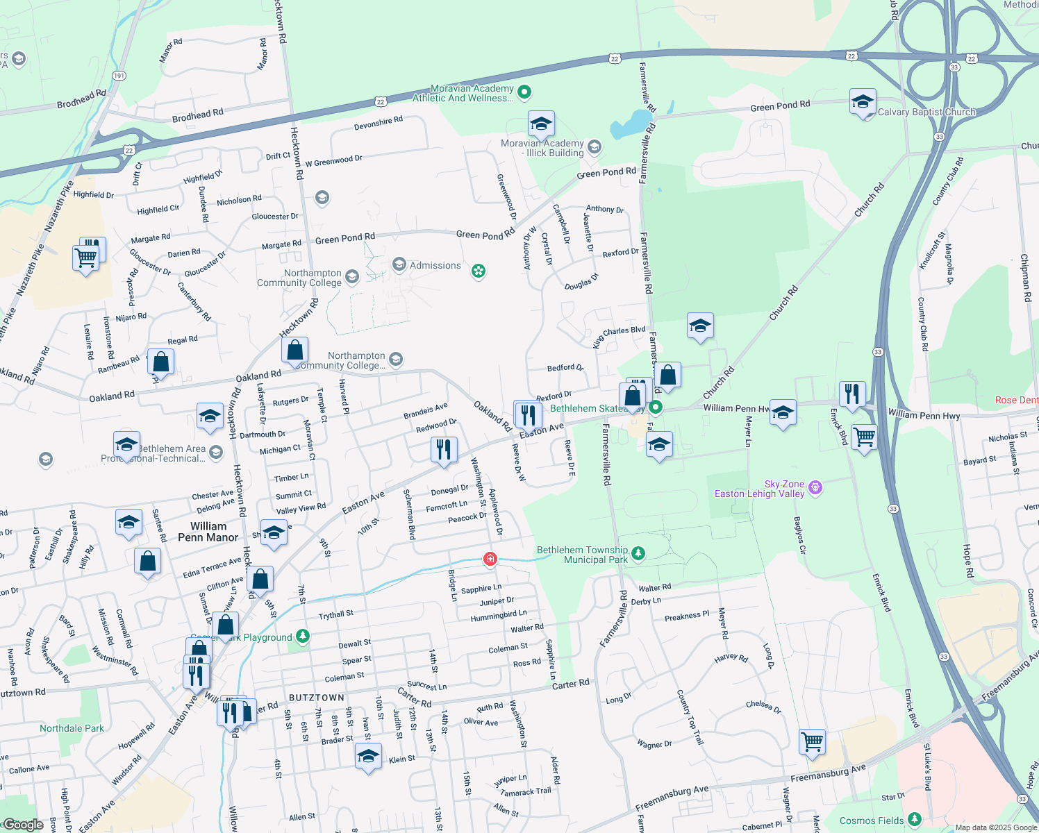 map of restaurants, bars, coffee shops, grocery stores, and more near 4195 Park Pl in Bethlehem
