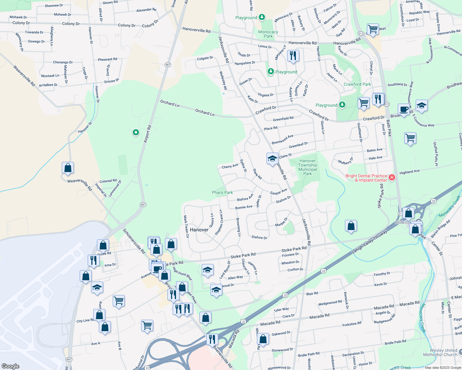 map of restaurants, bars, coffee shops, grocery stores, and more near 1361 Gaspar Ave in Bethlehem