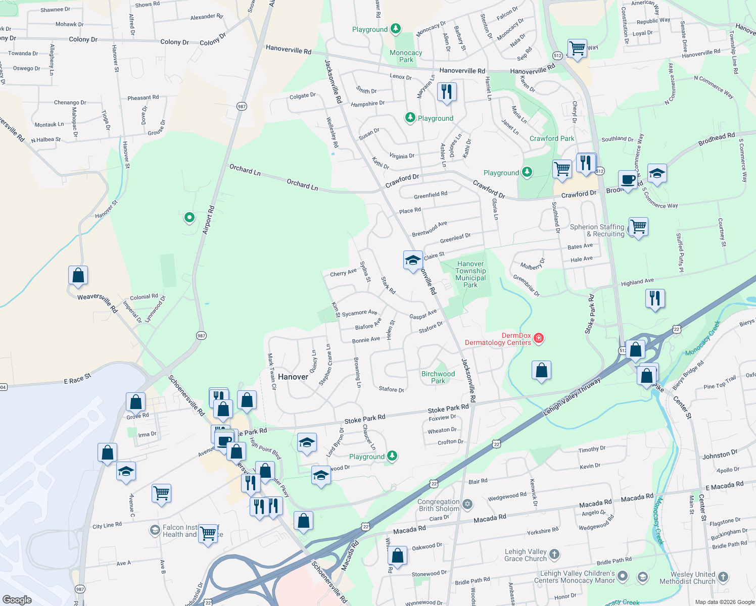 map of restaurants, bars, coffee shops, grocery stores, and more near 1271 Gaspar Ave in Bethlehem