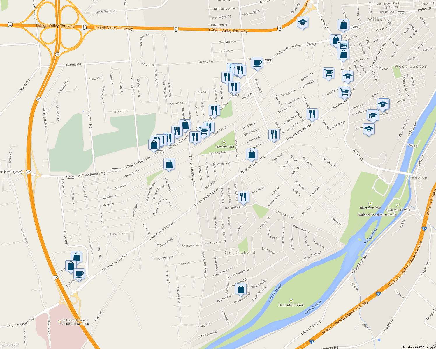 map of restaurants, bars, coffee shops, grocery stores, and more near 785 Maple Ln in Easton