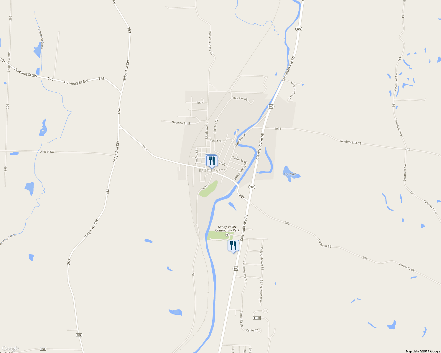 map of restaurants, bars, coffee shops, grocery stores, and more near 2080 Walnut St SE in East Sparta