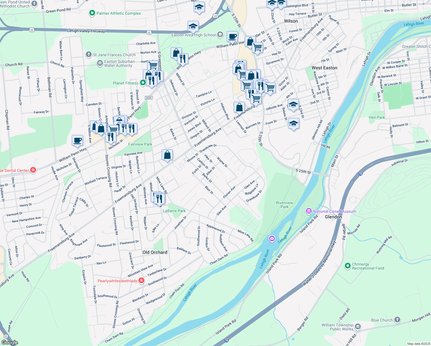 map of restaurants, bars, coffee shops, grocery stores, and more near 316 Carbon Street in Easton