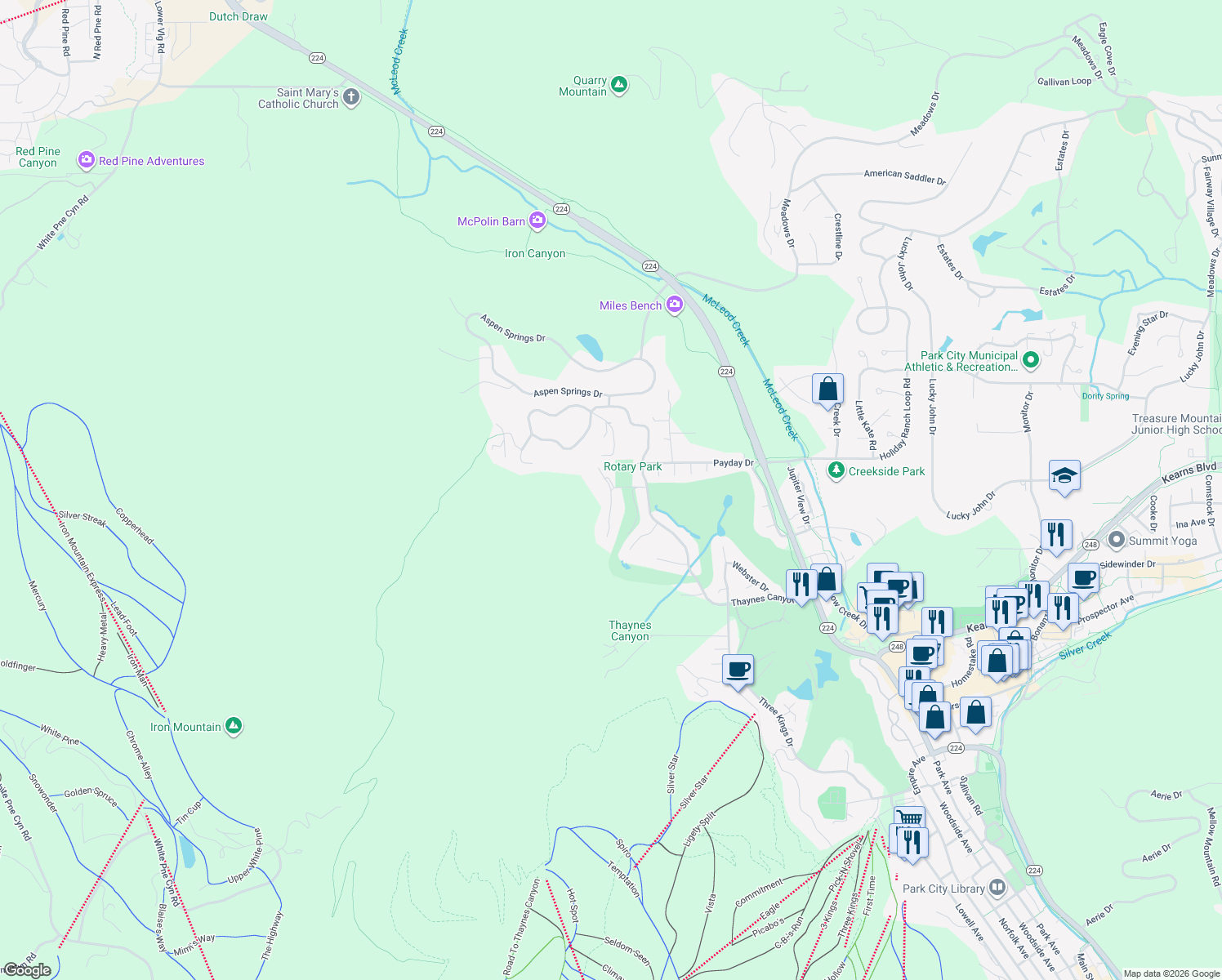 map of restaurants, bars, coffee shops, grocery stores, and more near 2348 Morning Star Court in Park City