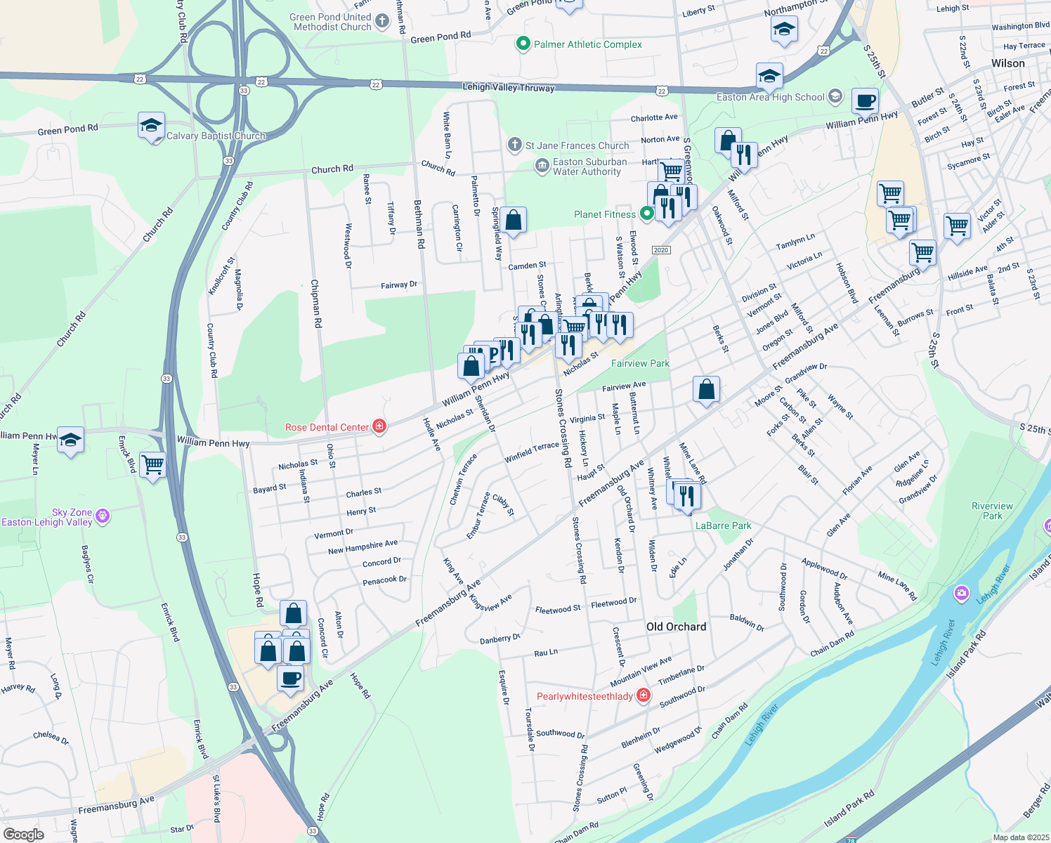 map of restaurants, bars, coffee shops, grocery stores, and more near 19 Winfield Ct in Easton