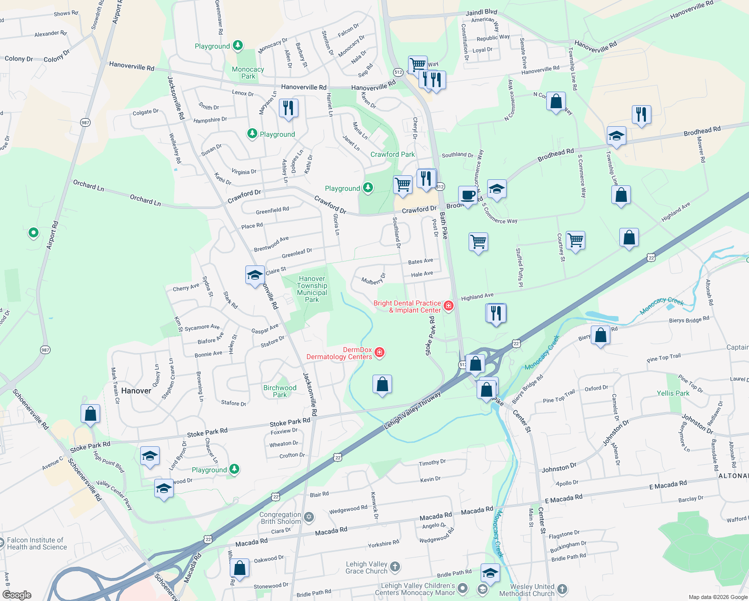 map of restaurants, bars, coffee shops, grocery stores, and more near 5312 Greenbriar Drive in Bethlehem