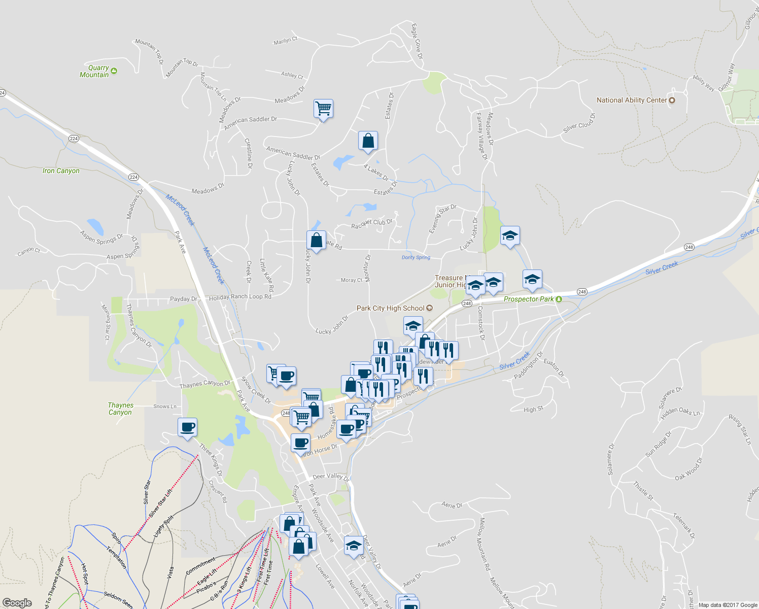 map of restaurants, bars, coffee shops, grocery stores, and more near 1550 Lucky John Drive in Park City