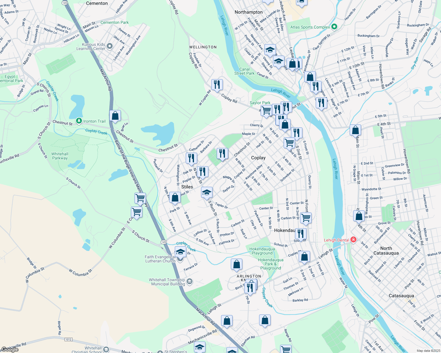 map of restaurants, bars, coffee shops, grocery stores, and more near 20 Magna Dr in Coplay