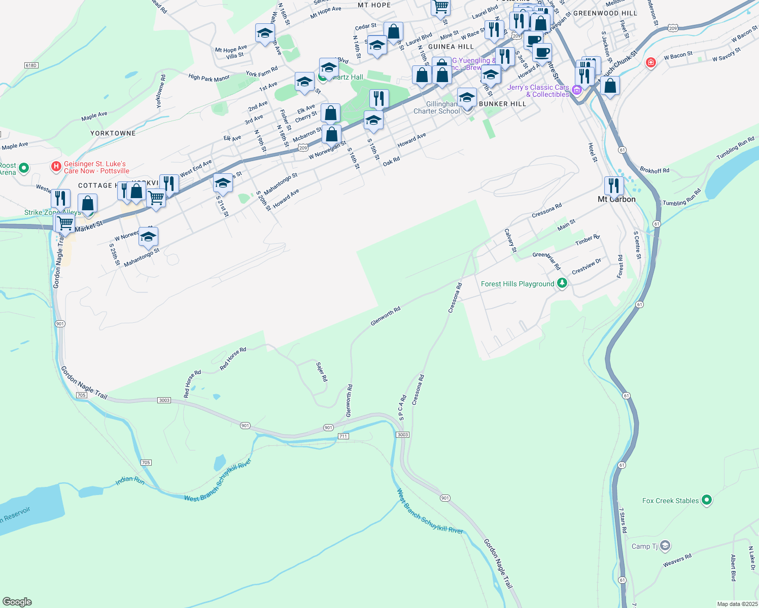 map of restaurants, bars, coffee shops, grocery stores, and more near 109 Glenworth Road in Pottsville