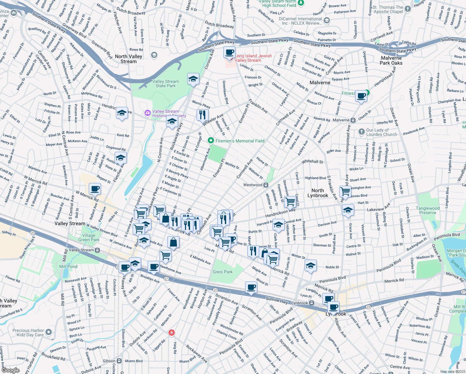 map of restaurants, bars, coffee shops, grocery stores, and more near 253 E Chester St in Valley Stream