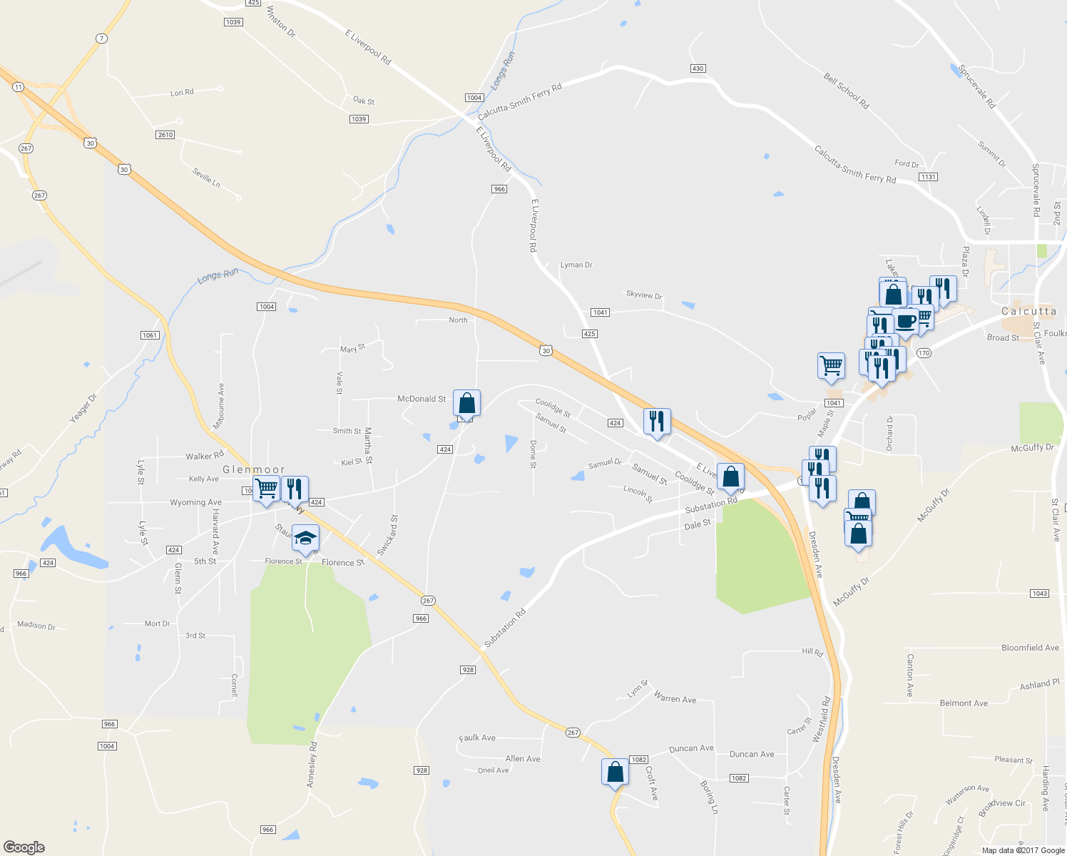 map of restaurants, bars, coffee shops, grocery stores, and more near 16069 Dome Street in East Liverpool