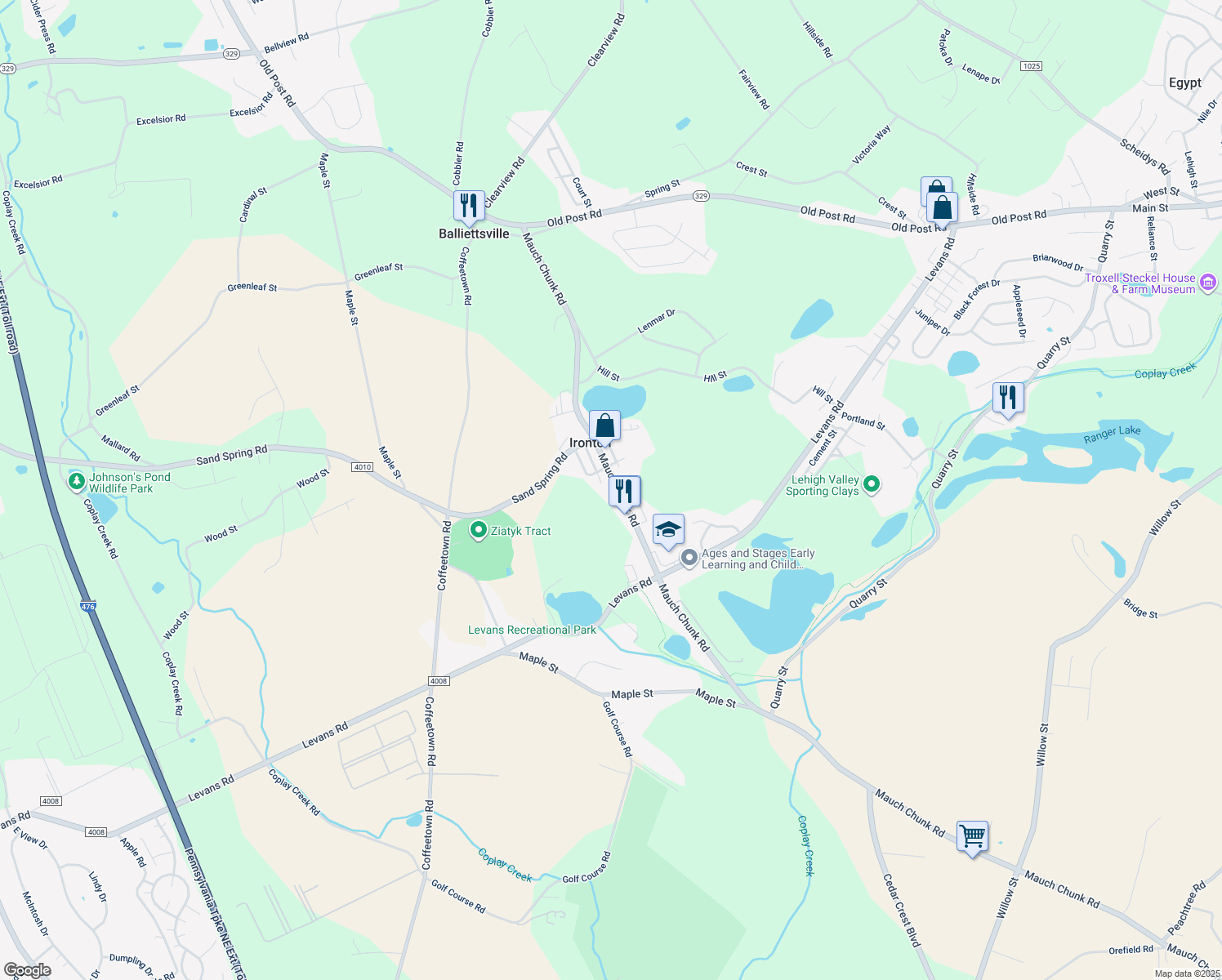 map of restaurants, bars, coffee shops, grocery stores, and more near 4044 Mauch Chunk Road in Coplay