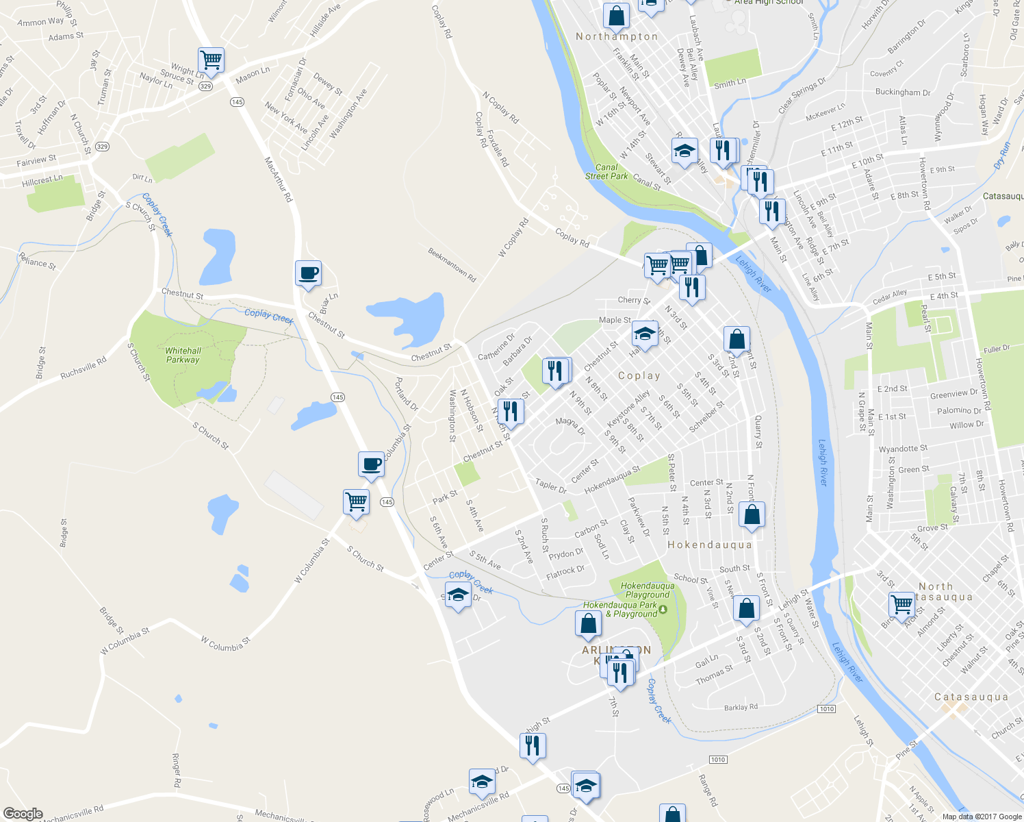 map of restaurants, bars, coffee shops, grocery stores, and more near 1123 Poplar Street in Coplay