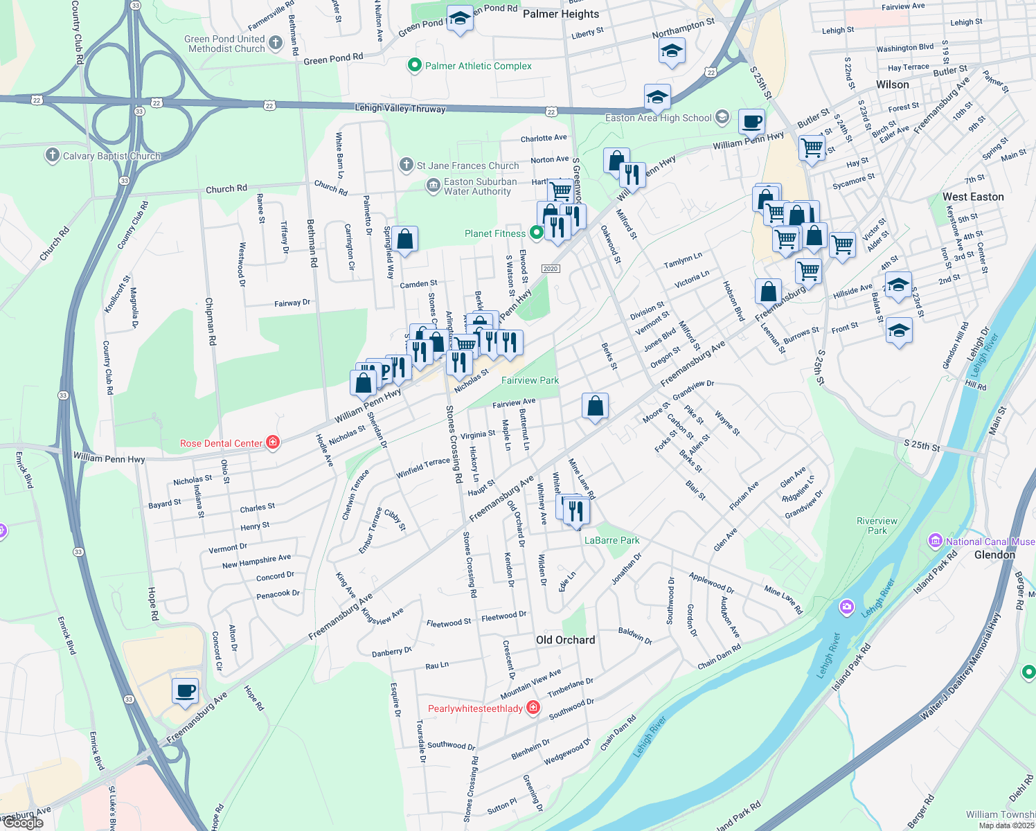 map of restaurants, bars, coffee shops, grocery stores, and more near 710 Butternut Lane in Easton